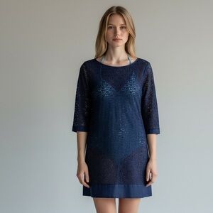 Laundry by Shelli Segal Lace Resort Swim Cover Up Tunic Dress Navy Women’s 8